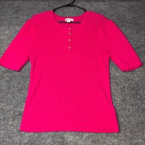 Carolyn Taylor Henley Sweater Womens XL Hot Pink Excellent Gold Bow Buttons